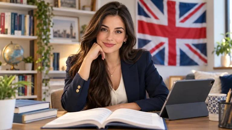 Profesora con libro y tableta frente a una bandera del Reino Unido, para la guía del EGAL de Enseñanza del Inglés.