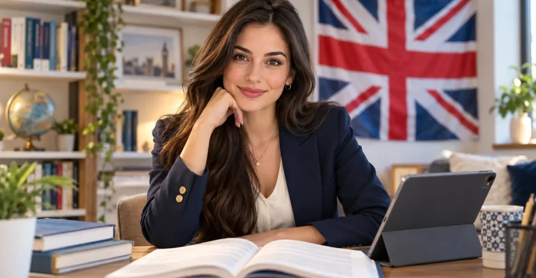 Profesora con libro y tableta frente a una bandera del Reino Unido, para la guía del EGAL de Enseñanza del Inglés.