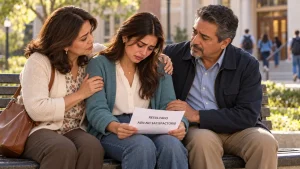 Padres consolando a su hija triste afuera de una universidad mientras sostiene un resultado de Aún no satisfactorio.