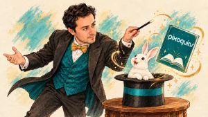Ilustración de Rodrigo como mago, con un conejo en un sombrero y un libro flotante con el logo de PIXOGUÍAS.